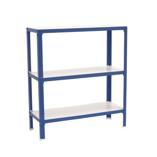 Metalen opbergrek PrimeMatik Mini Home Click met 3 houten planken en totale afmeting 80 x 30 x 90 cm in kleur blauw/wit