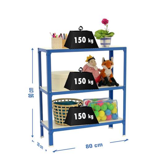 Metalen opbergrek PrimeMatik Mini Home Click met 3 houten planken en totale afmeting 80 x 30 x 90 cm in kleur blauw/wit