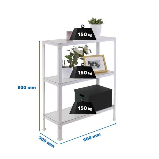 Metalllagerregal PrimeMatik Mini Home Click mit 3 Holzböden und einer Gesamtgröße von 80 x 30 x 90 cm in der Farbe Weiß/Weiß