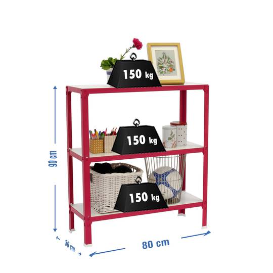 Metalen opbergrek PrimeMatik Mini Home Click met 3 houten planken en totale afmeting 80 x 30 x 90 cm in de kleur roze/wit