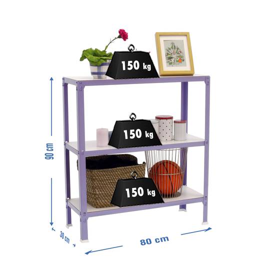 Prateleira metálica PrimeMatik Mini Home Click com 3 prateleiras de madeira e tamanho total de 80 x 30 x 90 cm em roxo/branco