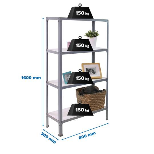 Prestatgeria metàl·lica per a emmagatzematge Simonrack Mini Home Click de 4 lleixes de fusta i mida total 80 x 30 x 160 cm de color gris / blanc