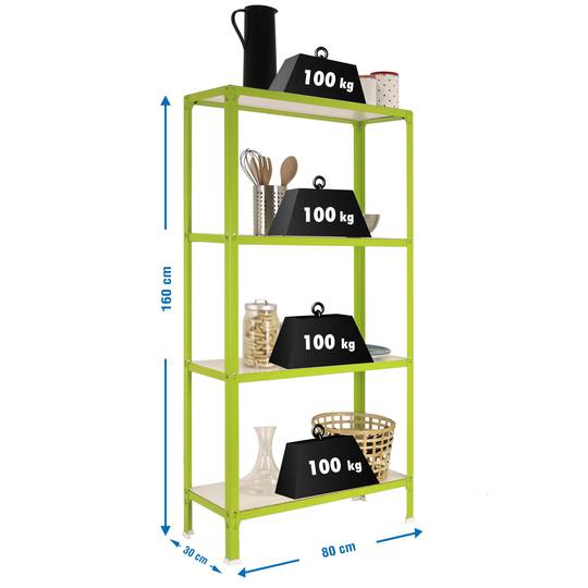 Scaffale portaoggetti in metallo PrimeMatik Mini Home Click con 4 ripiani in legno e dimensioni totali 80 x 30 x 160 cm in colore verde/bianco