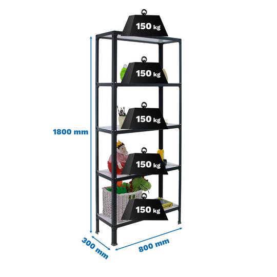 Metalowa półka do przechowywania PrimeMatik Mini Home Click z 5 drewnianymi półkami i całkowitym wymiarem 80 x 30 x 180 cm w kolorze antracytowym / białym