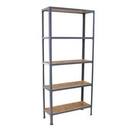 PrimeMatik Mini Home Click metalen opbergplank met 5 houten planken en totale afmeting 80 x 30 x 180 cm, grijs/osb kleur