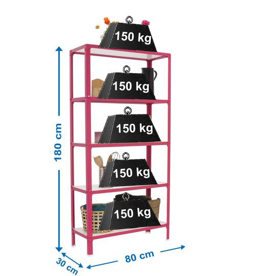 Metalowa półka do przechowywania PrimeMatik Mini Home Click z 5 drewnianymi półkami i całkowitym wymiarem 80 x 30 x 180 cm w kolorze różowo-białym