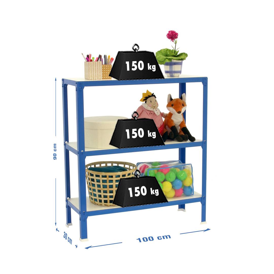 Metalen opbergrek PrimeMatik Plus Home Click met 3 houten planken en totale afmeting 100 x 30 x 90 cm in kleur blauw/wit