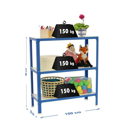 Metalen opbergrek PrimeMatik Plus Home Click met 3 houten planken en totale afmeting 100 x 30 x 90 cm in kleur blauw/wit