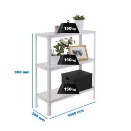 Metalen opbergrek PrimeMatik Plus Home Click met 3 houten planken en totale afmeting 100 x 30 x 90 cm in de kleur wit/wit