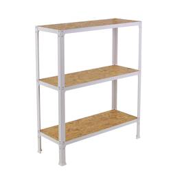 Metalllagerregal PrimeMatik Plus Home Click mit 3 Holzböden und einer Gesamtgröße von 100 x 30 x 90 cm in der Farbe Weiß / OSB