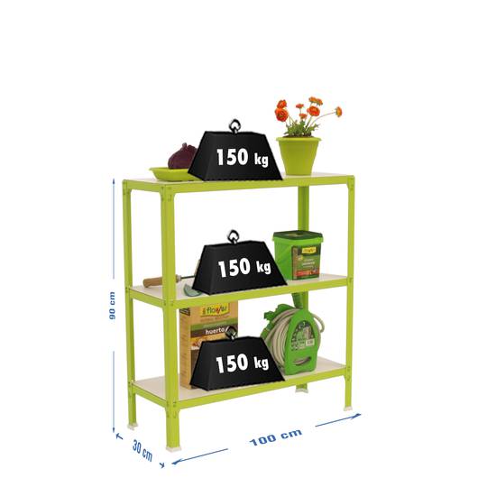 Metalowa półka do przechowywania PrimeMatik Plus Home Click z 3 drewnianymi półkami i całkowitym wymiarem 100 x 30 x 90 cm w kolorze zielonym / białym