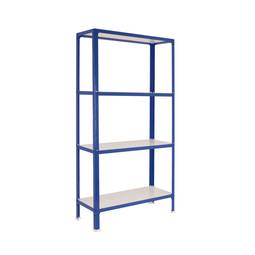 Metalen opbergrek PrimeMatik Plus Home Click met 4 houten planken en totale afmeting 100 x 30 x 160 cm in kleur blauw/wit