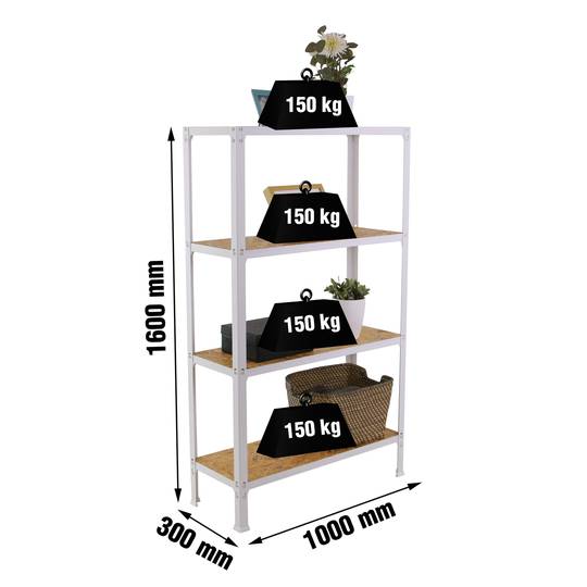 PrimeMatik Plus Home Click metalen opbergplank met 4 houten planken en totale afmeting 100 x 30 x 160 cm in wit/osb kleur