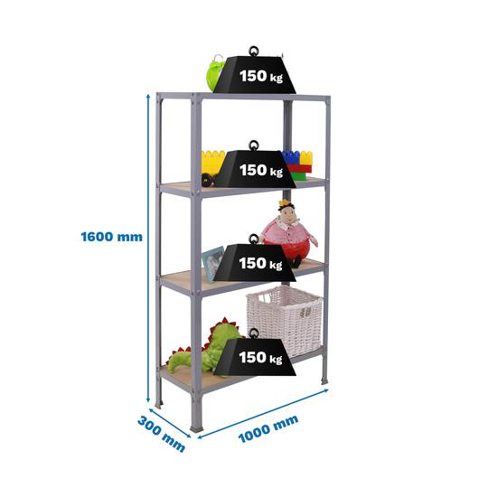 PrimeMatik Plus Home Click metalowa półka do przechowywania z 4 drewnianymi półkami i całkowitym wymiarem 100 x 30 x 160 cm, szary / mdf