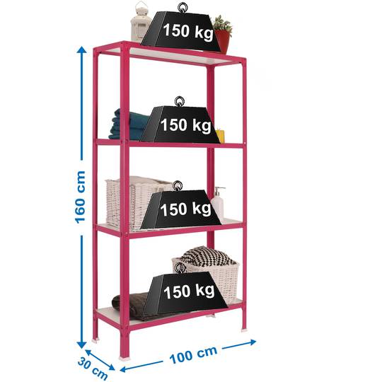 Metalllagerregal PrimeMatik Plus Home Click mit 4 Holzböden und einer Gesamtgröße von 100 x 30 x 160 cm in der Farbe Rosa/Weiß
