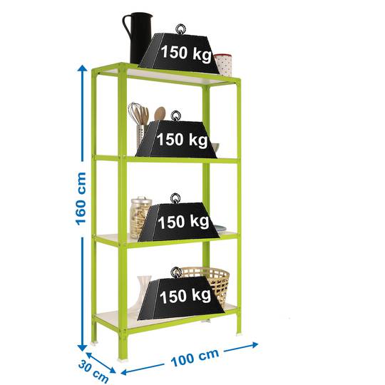 Metalowa półka do przechowywania PrimeMatik Plus Home Click z 4 drewnianymi półkami i całkowitym wymiarem 100 x 30 x 160 cm w kolorze zielonym / białym