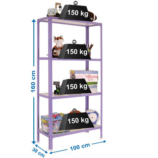 Metalen opbergrek PrimeMatik Plus Home Click met 4 houten planken en totale afmeting 100 x 30 x 160 cm in de kleur paars/wit