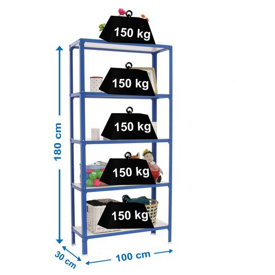 Metalllagerregal PrimeMatik Plus Home Click mit 5 Holzböden und einer Gesamtgröße von 100 x 30 x 180 cm in der Farbe Blau/Weiß