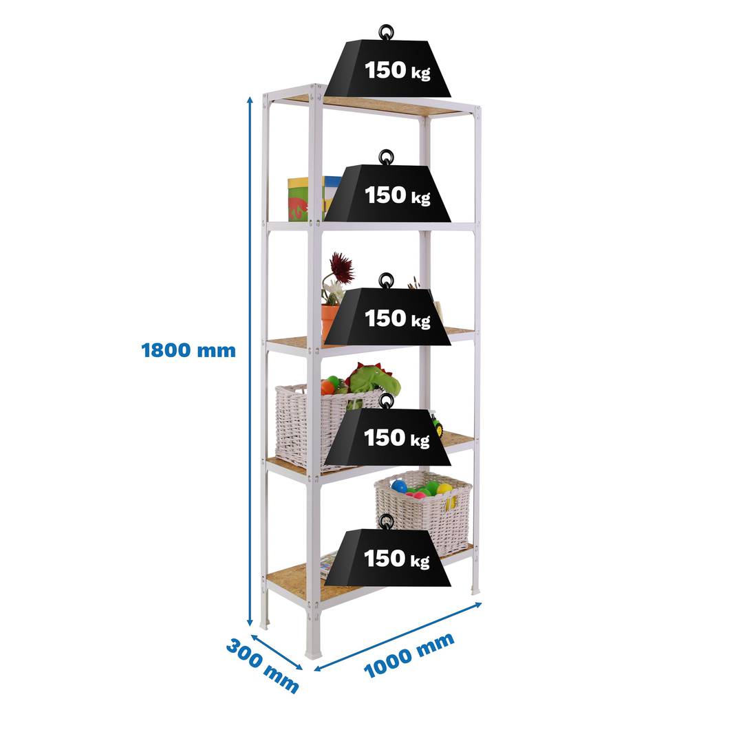 Prateleira metálica PrimeMatik Plus Home Click com 5 prateleiras de madeira e tamanho total 100 x 30 x 180 cm na cor branco/osb
