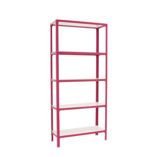 Metalowa półka do przechowywania PrimeMatik Plus Home Click z 5 drewnianymi półkami i całkowitym wymiarem 100 x 30 x 160 cm w kolorze różowo-białym