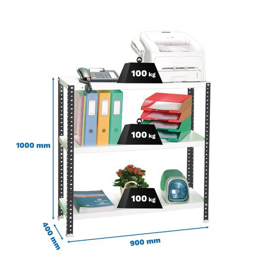 PrimeMatik metalen opbergrek met 3 metalen legborden en totale afmeting 90 x 40 x 100 cm in kleur antraciet/wit