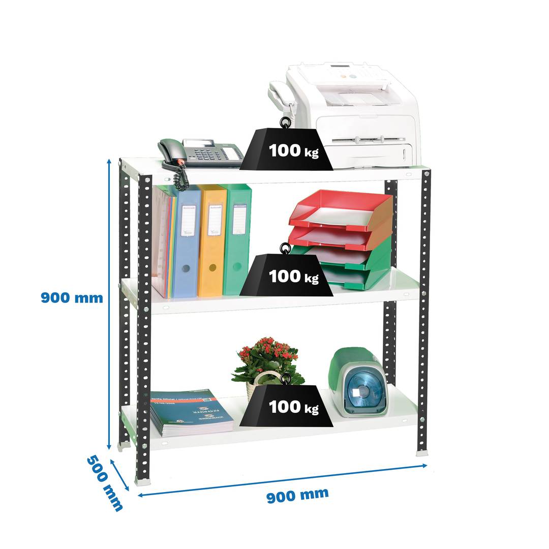 PrimeMatik metalen opbergrek met 3 metalen legplanken en totale afmeting 90 x 50 x 90 cm in kleur antraciet/wit
