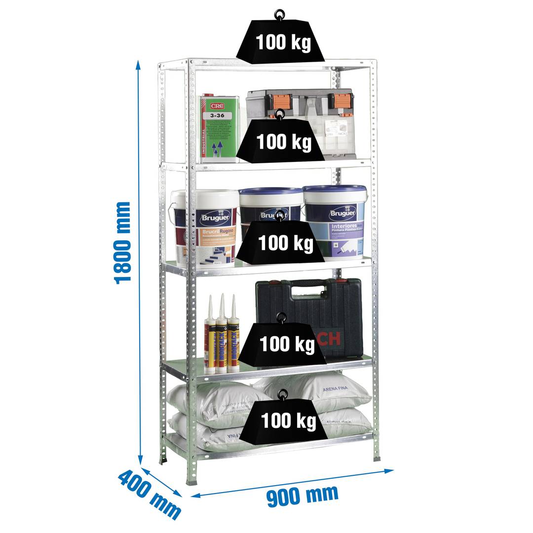 Półka metalowa PrimeMatik z 5 metalowymi półkami i całkowitym wymiarem 90 x 40 x 180 cm w kolorze galwanizowanym