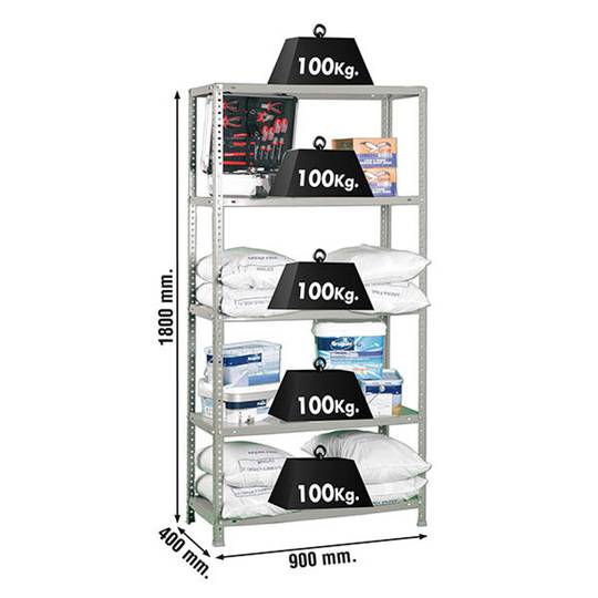 Scaffale portaoggetti in metallo PrimeMatik con 5 ripiani in metallo e dimensioni totali 90 x 40 x 180 cm, colore grigio