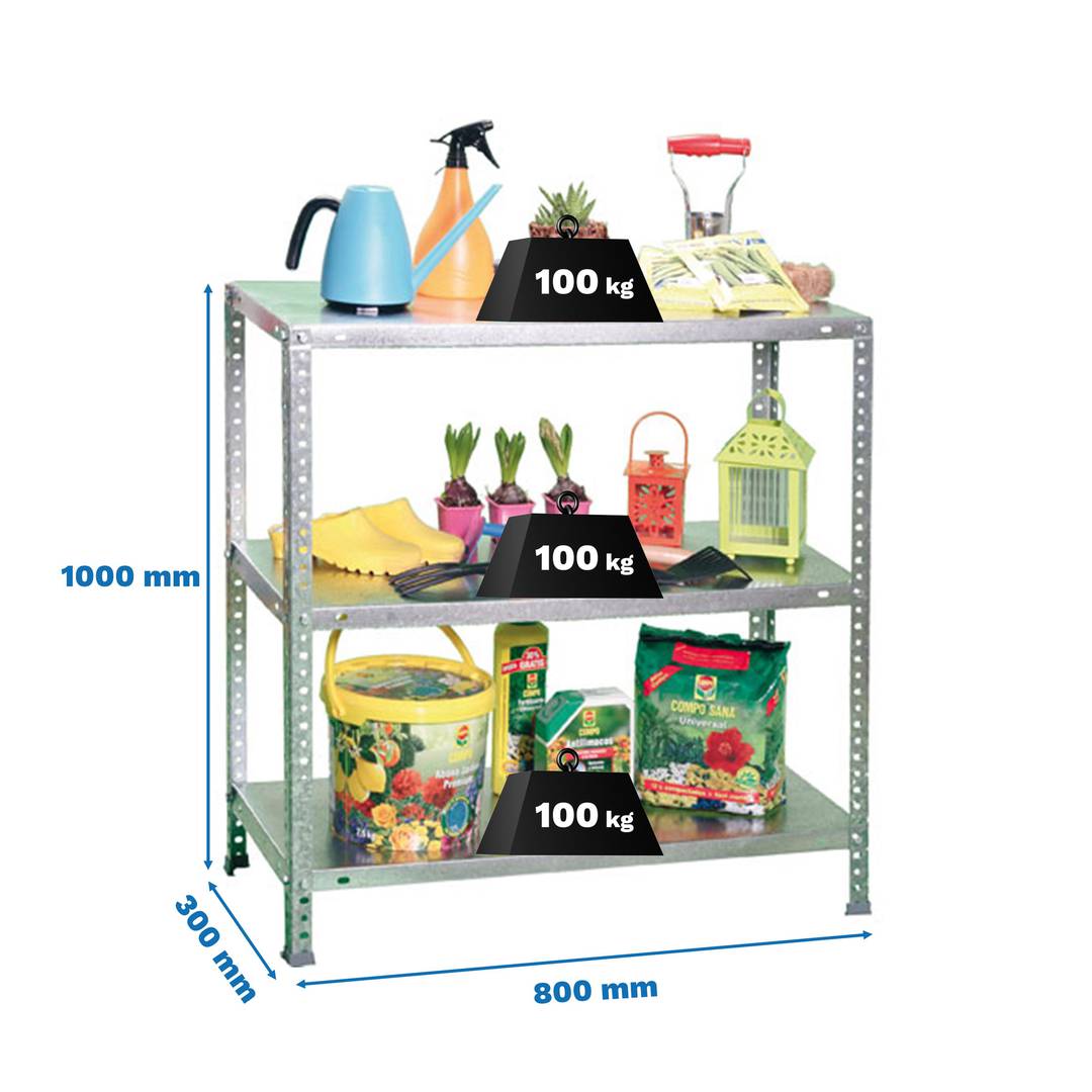 Prestatgeria metàl·lica per a emmagatzematge Simonrack Mini de 3 lleixes metàl·liques i mida total 80 x 30 x 100 cm de color galvanitzat