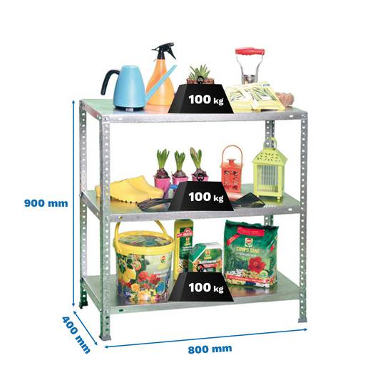 Metalen opbergrek PrimeMatik Mini met 3 metalen legborden en totale afmeting 80 x 40 x 90 cm in gegalvaniseerde kleur