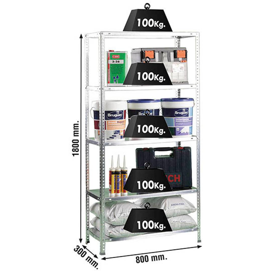 Metalen opbergrek PrimeMatik Mini met 5 metalen legborden en totale afmeting 80 x 30 x 180 cm in gegalvaniseerde kleur