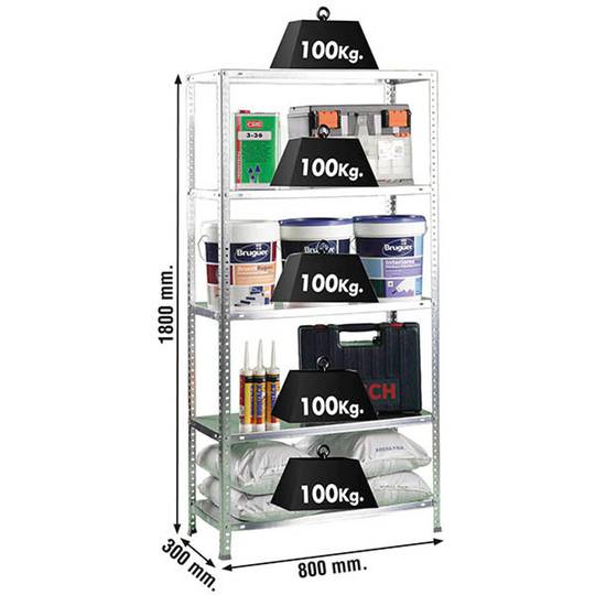 Metalen opbergrek PrimeMatik Mini met 5 metalen legborden en totale afmeting 80 x 30 x 180 cm in gegalvaniseerde kleur