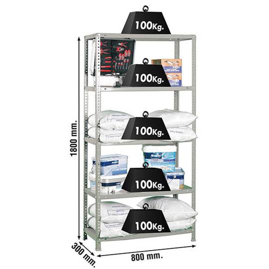 Metallregal PrimeMatik Mini mit 5 Metallböden und einer Gesamtgröße von 80 x 30 x 180 cm, Farbe Grau