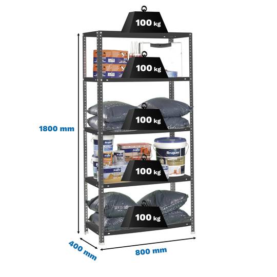 Metalllagerregal Simonrack Mini mit 5 Metallböden und einer Gesamtgröße von 80 x 40 x 180 cm in der Farbe Anthrazit