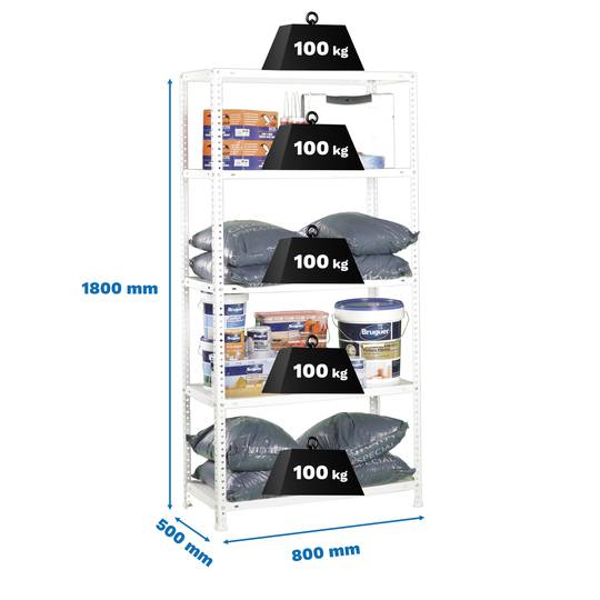 Scaffale in metallo PrimeMatik Mini con 5 ripiani in metallo e dimensioni totali 80 x 50 x 180 cm, bianco