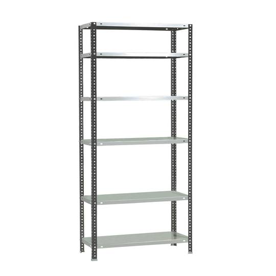 Metalowa półka magazynowa PrimeMatik Mini z 6 metalowymi półkami i całkowitym wymiarem 80 x 50 x 200 cm w kolorze antracytowym / białym