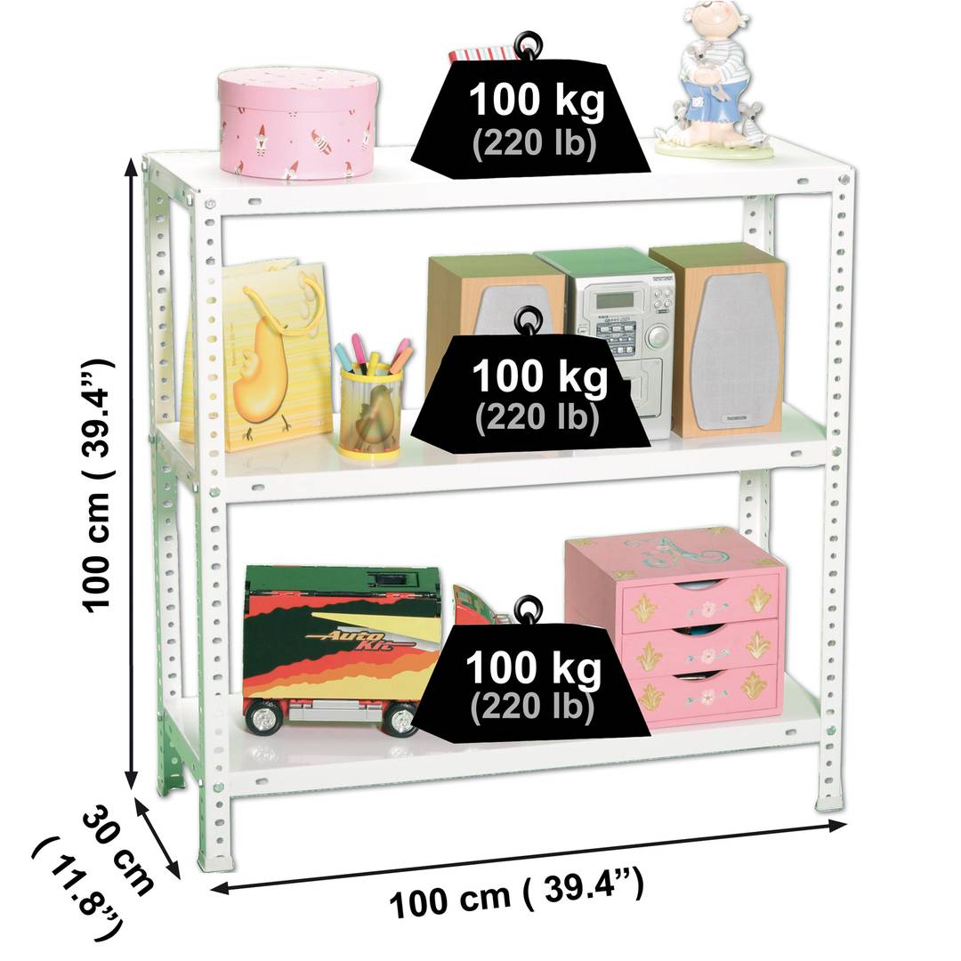 Prestatgeria metàl·lica per a emmagatzematge Simonrack Plus de 3 lleixes metàl·liques i mida total 100 x 30 x 100 cm de color blanc