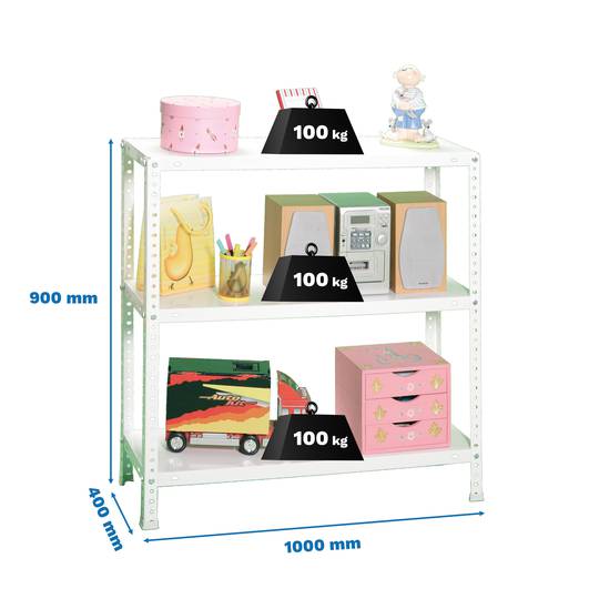 Scaffale PrimeMatik Plus in metallo con 3 ripiani in metallo e dimensioni totali 100 x 40 x 90 cm, bianco