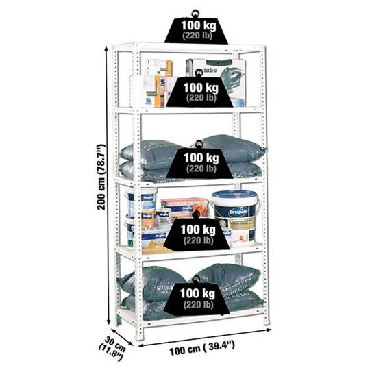 Metal storage shelf Simonrack Plus with 5 metal shelves and a total size of 100 x 30 x 200 cm in white