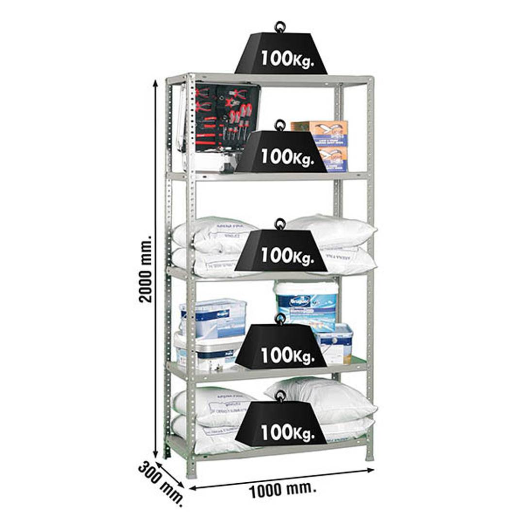 PrimeMatik Plus metalen opbergrek met 5 metalen legborden en totale afmeting 100 x 30 x 200 cm, kleur grijs