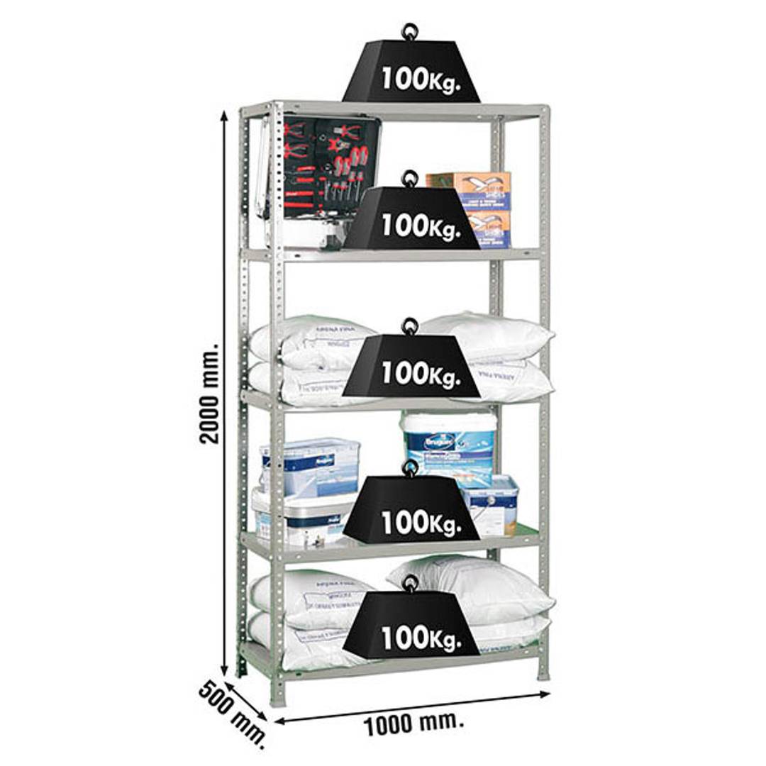 PrimeMatik Plus metalowa półka do przechowywania z 5 metalowymi półkami i całkowitym wymiarem 100 x 50 x 200 cm, kolor szary