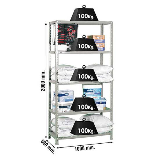 PrimeMatik Plus metalowa półka do przechowywania z 5 metalowymi półkami i całkowitym wymiarem 100 x 50 x 200 cm, kolor szary