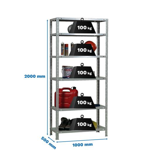 Prestatgeria metàl·lica per a emmagatzematge Simonrack Plus de 6 lleixes metàl·liques i mida total 100 x 50 x 200 cm de color galvanitzat