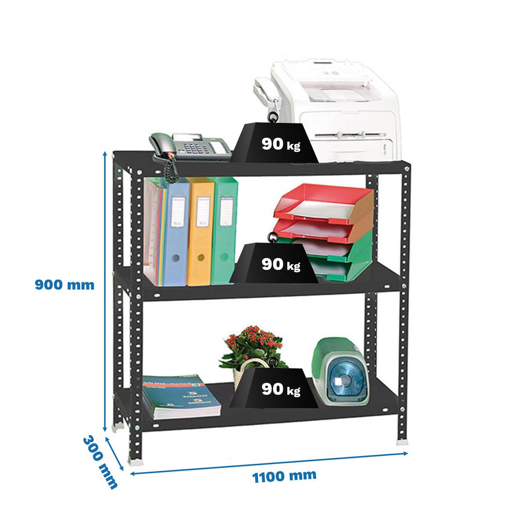 Metalen opbergrek PrimeMatik SuperPlus met 3 metalen legborden en totale afmeting 110 x 30 x 90 cm in kleur antraciet