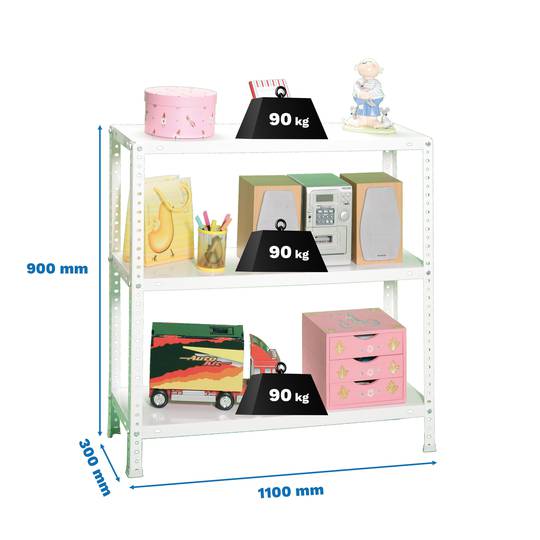 Scaffale in metallo PrimeMatik SuperPlus con 3 ripiani in metallo e una dimensione totale di 110 x 30 x 90 cm in bianco