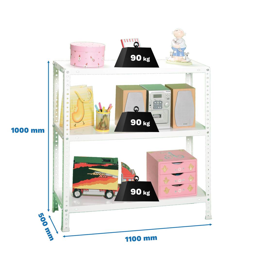 Metalowa półka do przechowywania PrimeMatik SuperPlus z 3 metalowymi półkami i całkowitym wymiarem 110 x 50 x 100 cm, biała