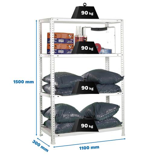 Scaffale in metallo PrimeMatik SuperPlus con 4 ripiani in metallo e dimensioni totali 110 x 30 x 150 cm, bianco