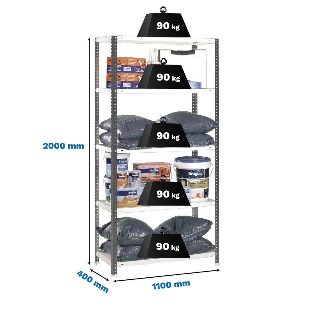 PrimeMatik SuperPlus metalen opbergrek met 5 metalen legborden en totale afmeting 110 x 40 x 200 cm in kleur antraciet/wit