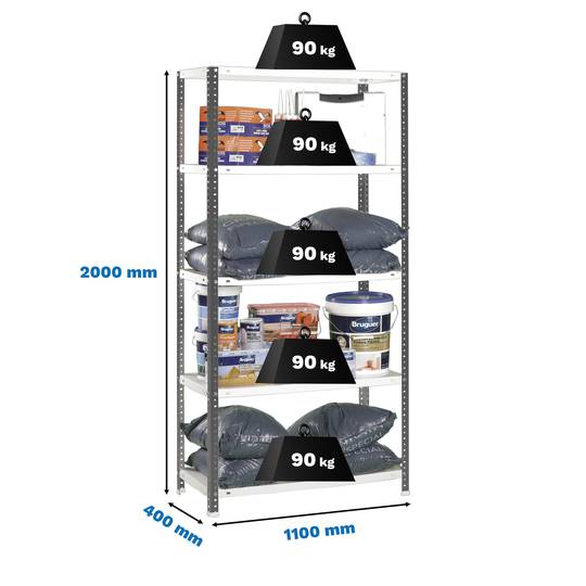 PrimeMatik SuperPlus metalen opbergrek met 5 metalen legborden en totale afmeting 110 x 40 x 200 cm in kleur antraciet/wit