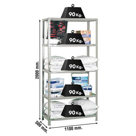 Metalllagerregal PrimeMatik SuperPlus mit 5 Metallböden und Gesamtgröße 110 x 50 x 200 cm, Farbe Grau